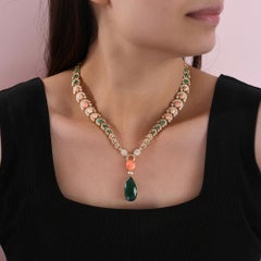 Emerald Coral & Diamond Drop Necklace in 18k Yellow Gold Jewelry