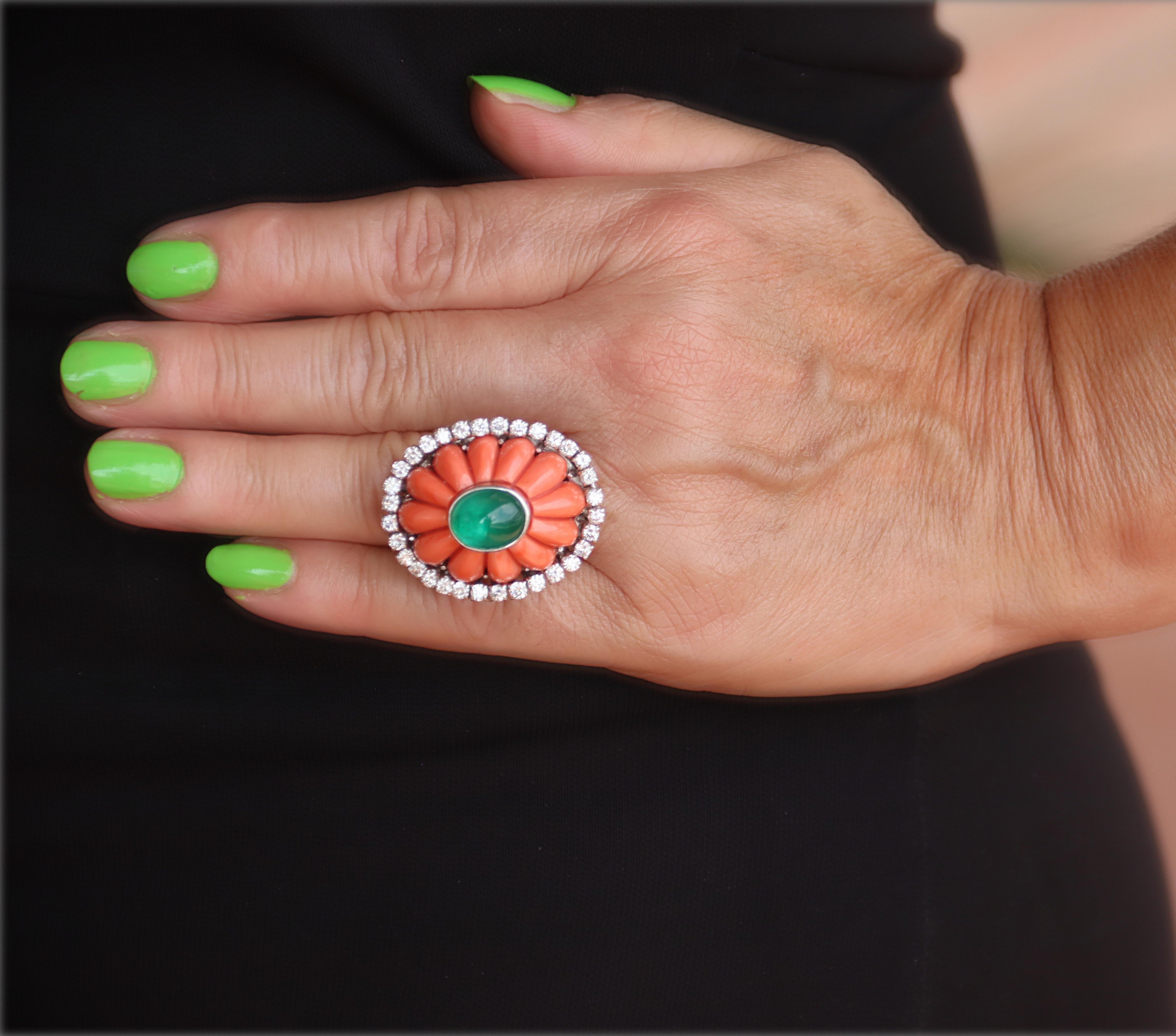 Emerald Coral Diamonds 18 Karat White Gold Cocktail Ring For Sale 4