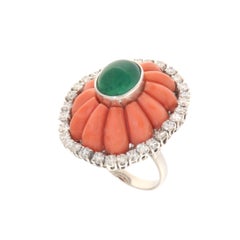 Emerald Coral Diamonds 18 Karat White Gold Cocktail Ring