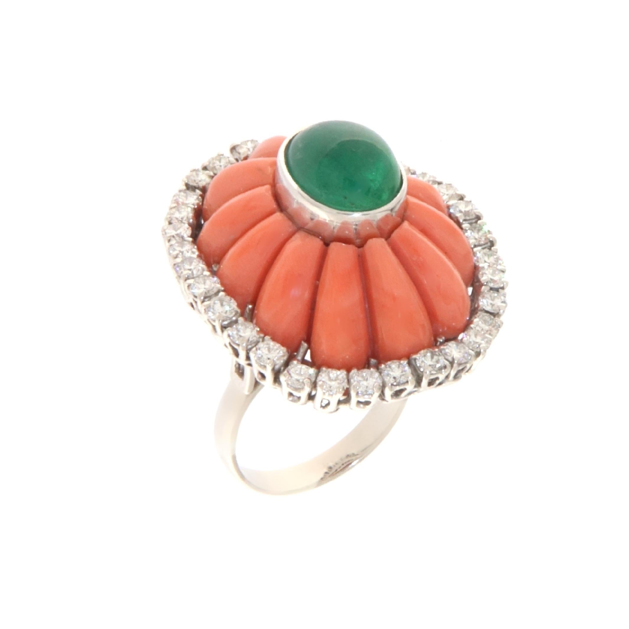 Artisan Emerald Coral Diamonds 18 Karat White Gold Cocktail Ring For Sale