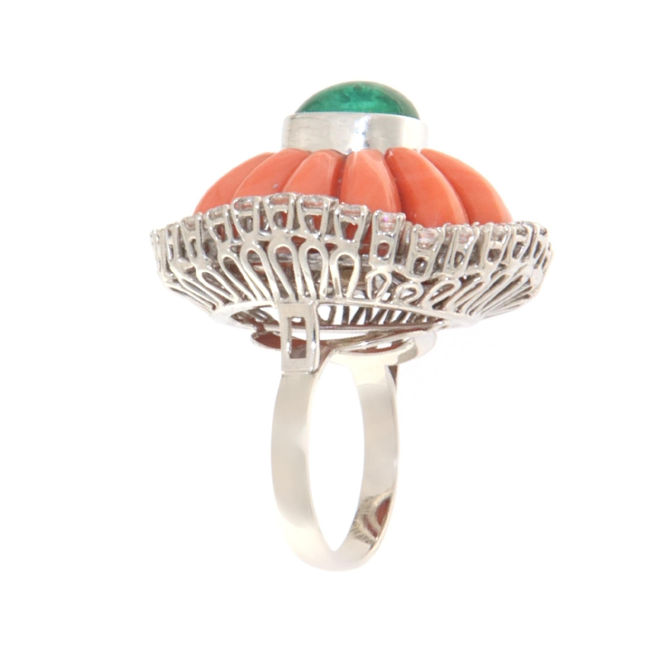 Emerald Cut Emerald Coral Diamonds 18 Karat White Gold Cocktail Ring For Sale
