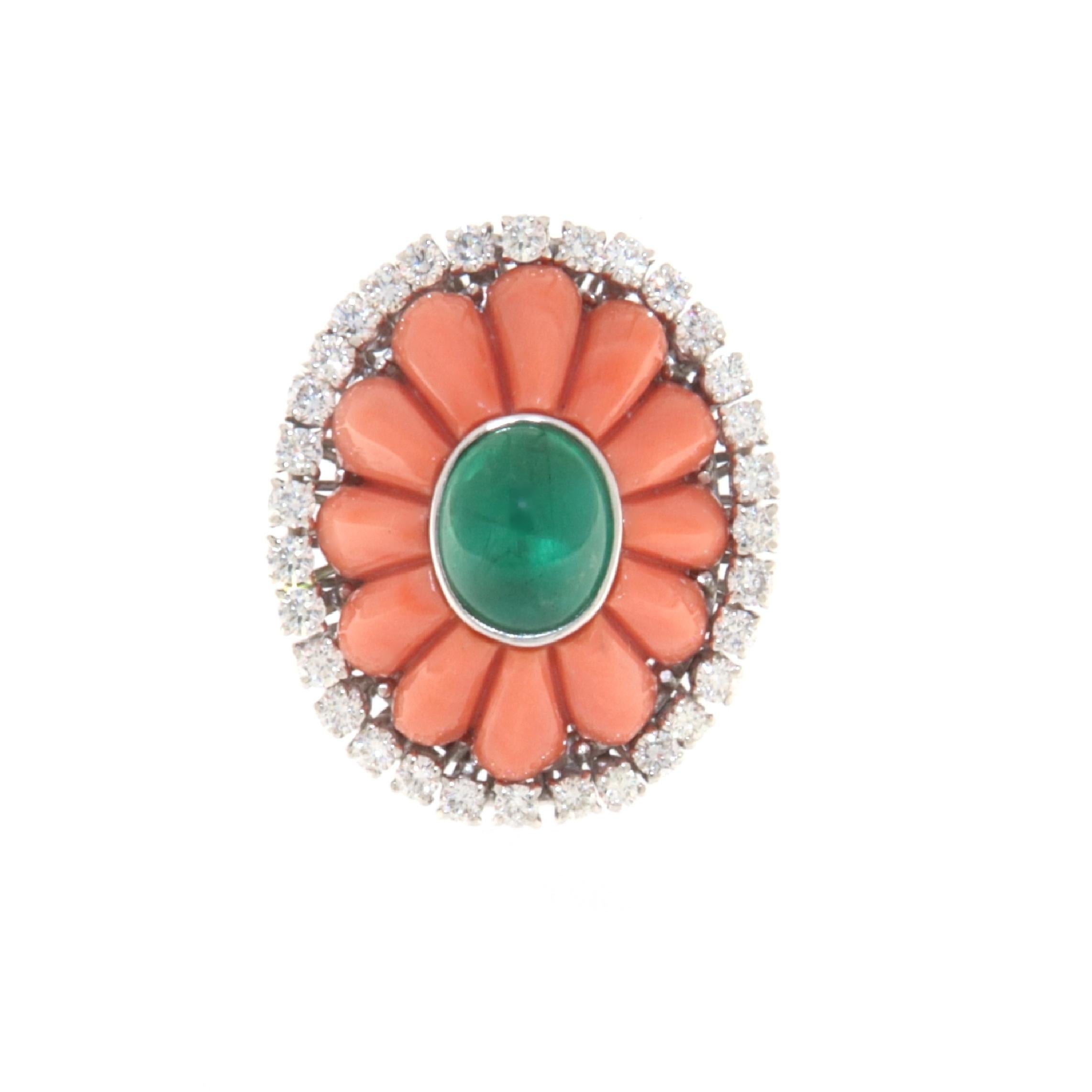 Emerald Coral Diamonds 18 Karat White Gold Cocktail Ring For Sale 1