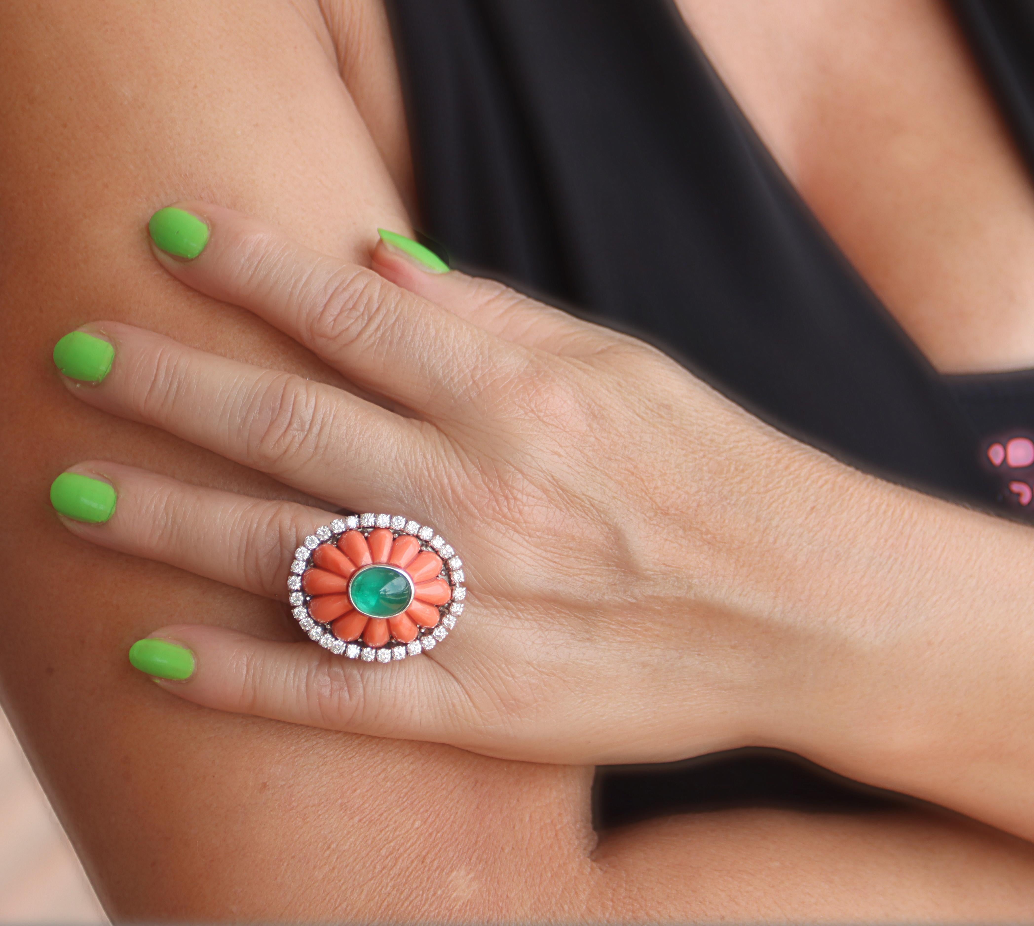 Emerald Coral Diamonds 18 Karat White Gold Cocktail Ring For Sale 2