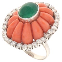 Esmeralda Coral Diamantes Anillo Cóctel Oro Blanco 18 Kilates