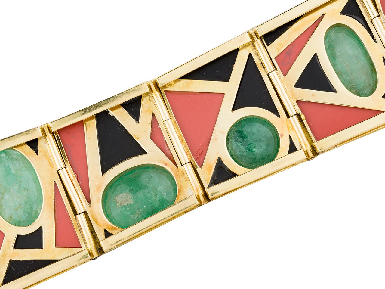 Emerald, Coral, Onyx Modernist Bracelet In Good Condition In San Antonio, TX