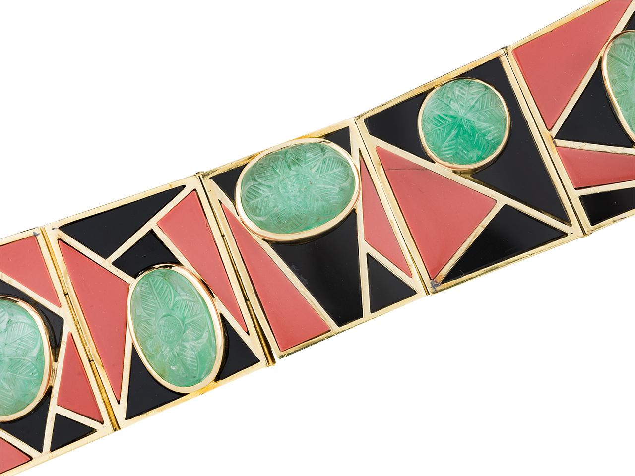 Women's or Men's Emerald, Coral, Onyx Modernist Bracelet