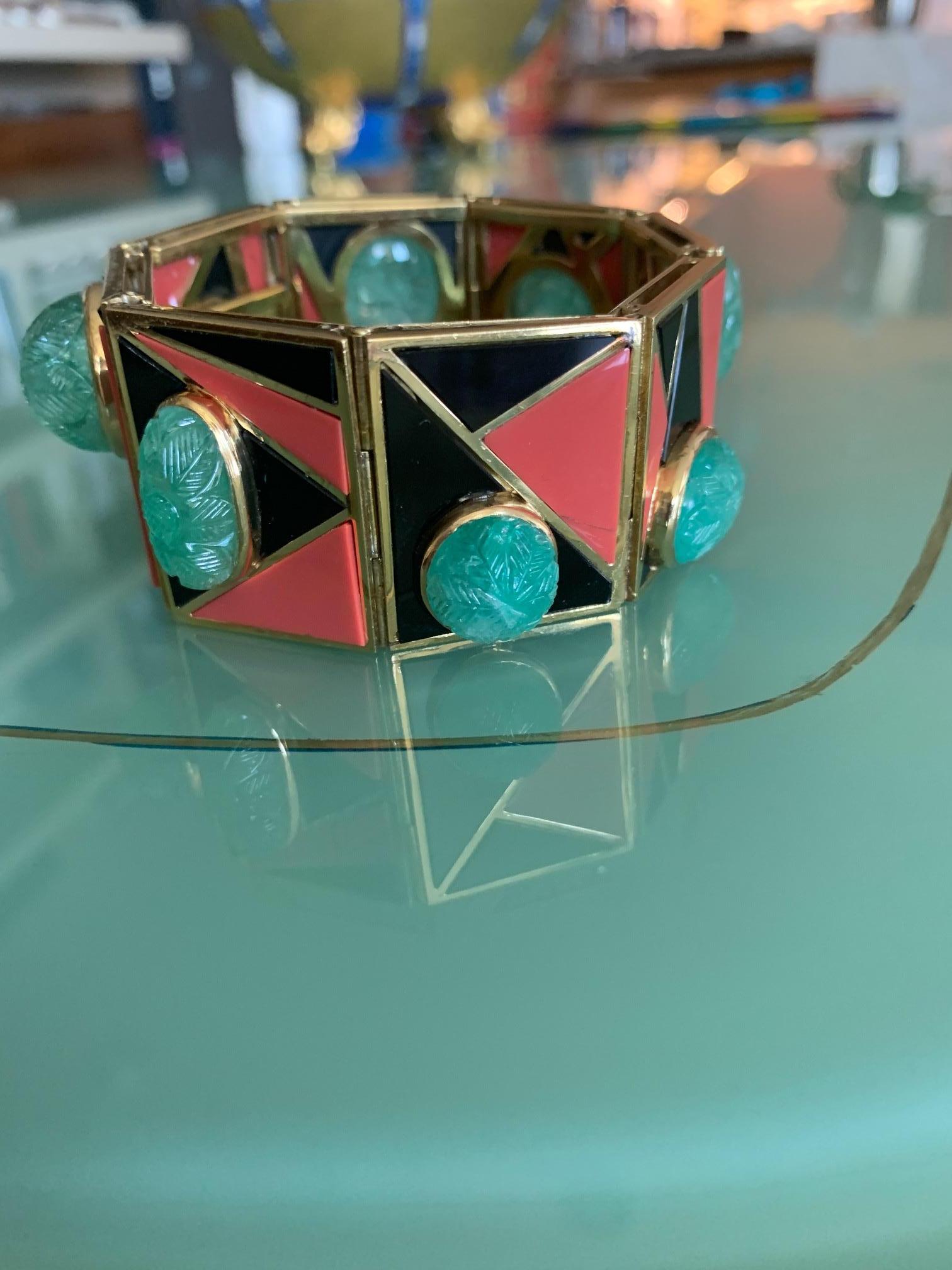 Emerald, Coral, Onyx Modernist Bracelet 1