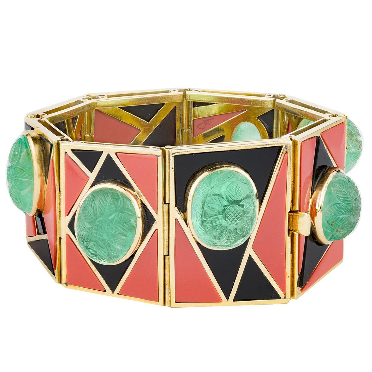 Emerald, Coral, Onyx Modernist Bracelet