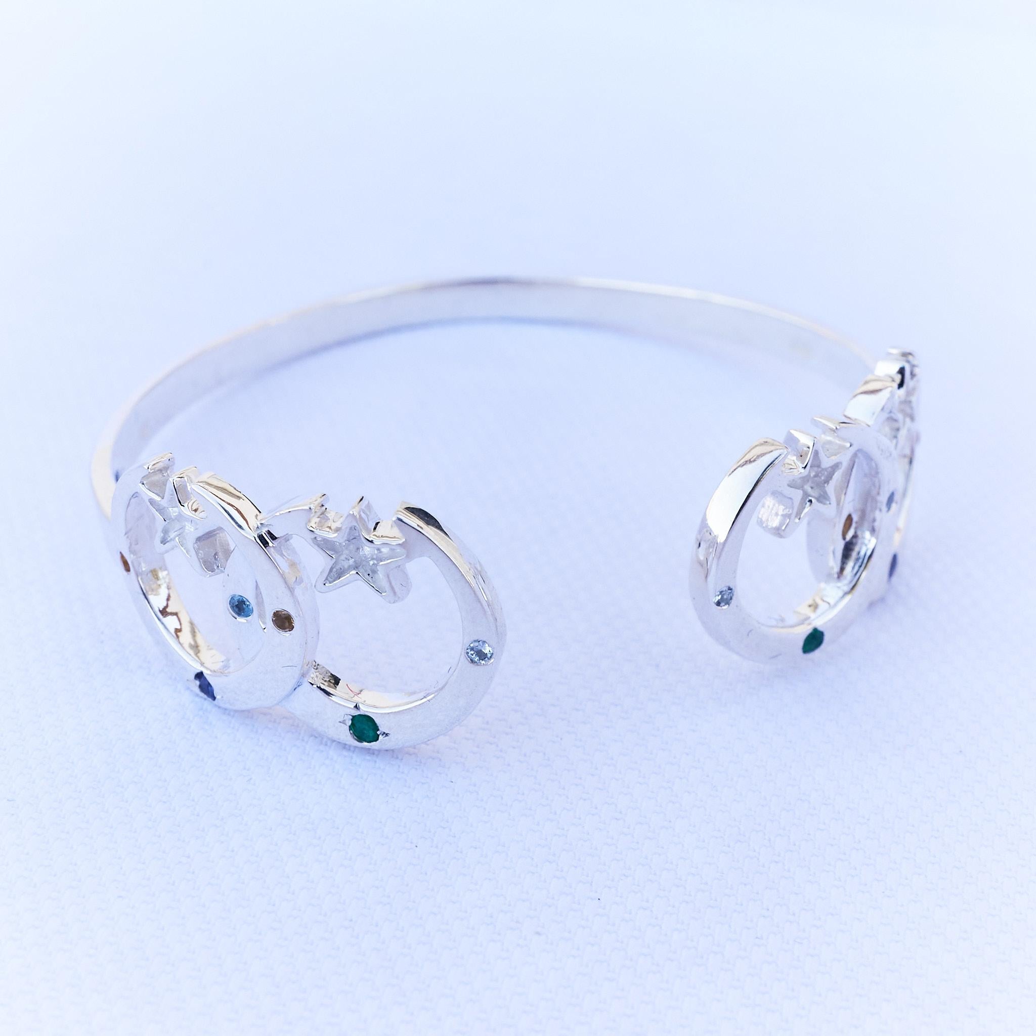 Contemporary Emerald Crescent Moon Bangle Bracelet Silver J Dauphin For Sale