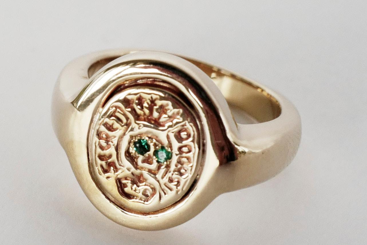 Brilliant Cut Emerald Crest Signet Ring Gold Skull Victorian Memento Mori Style J Dauphin For Sale