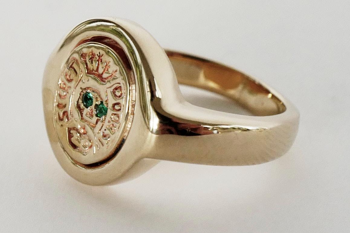 Emerald Crest Signet Ring 14 Karat Gold Made in Victorian Style / Memento Mori with a Skull Symbol of Rebirth 

J Dauphin signature piece 