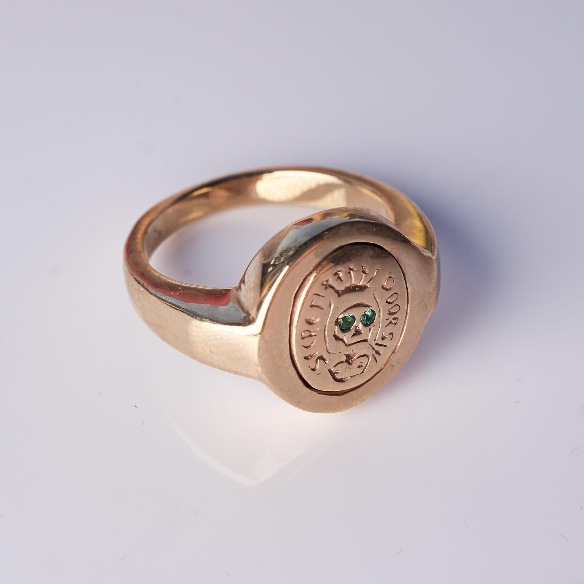 Emerald Crest Signet Ring Memento Mori Style Skull 
Material: Bronze
Designer: J DAUPHIN 
Size: 7 1/2
Signature piece 