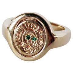 Used Emerald Crest Signet Skull Ring Memento Mori Style Gold J Dauphin