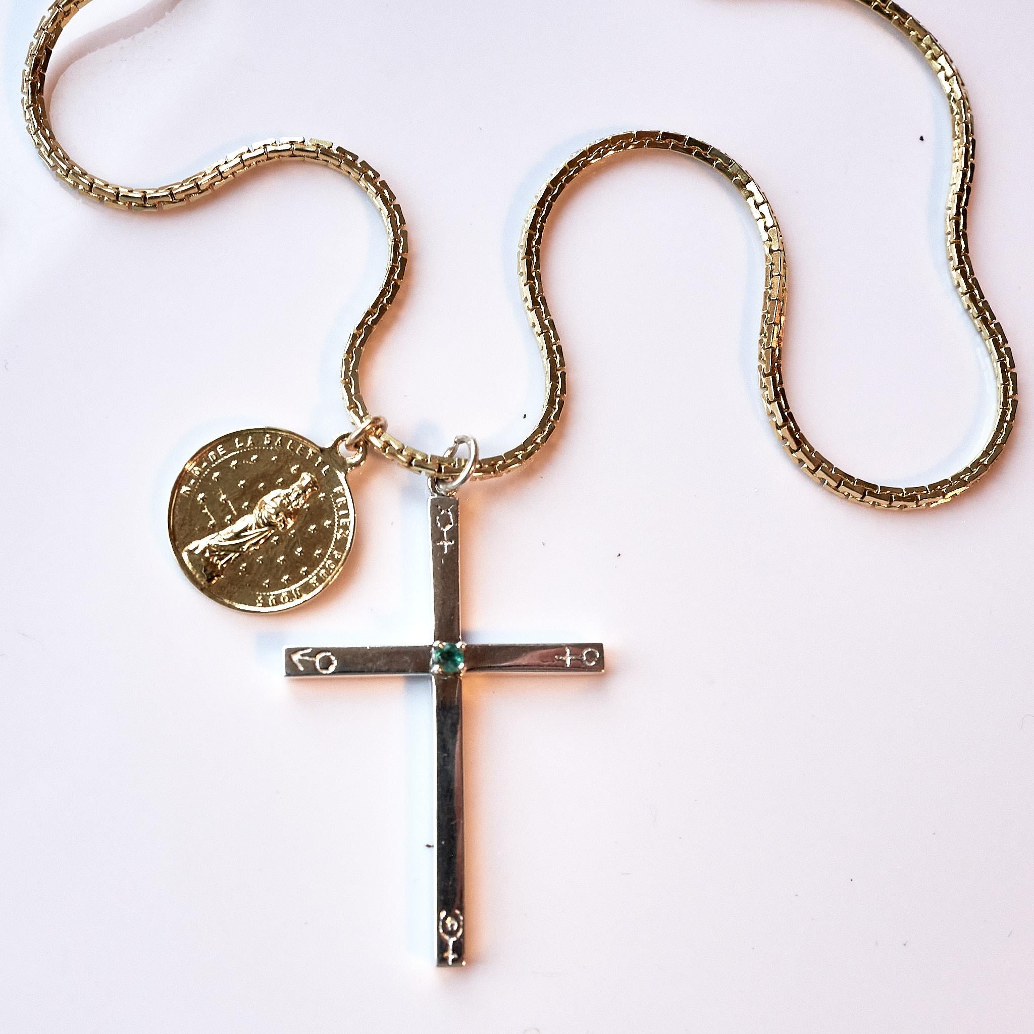 Emerald Cross Astrology Silver Necklace Gold Planted French Saint Medal For Sale 1