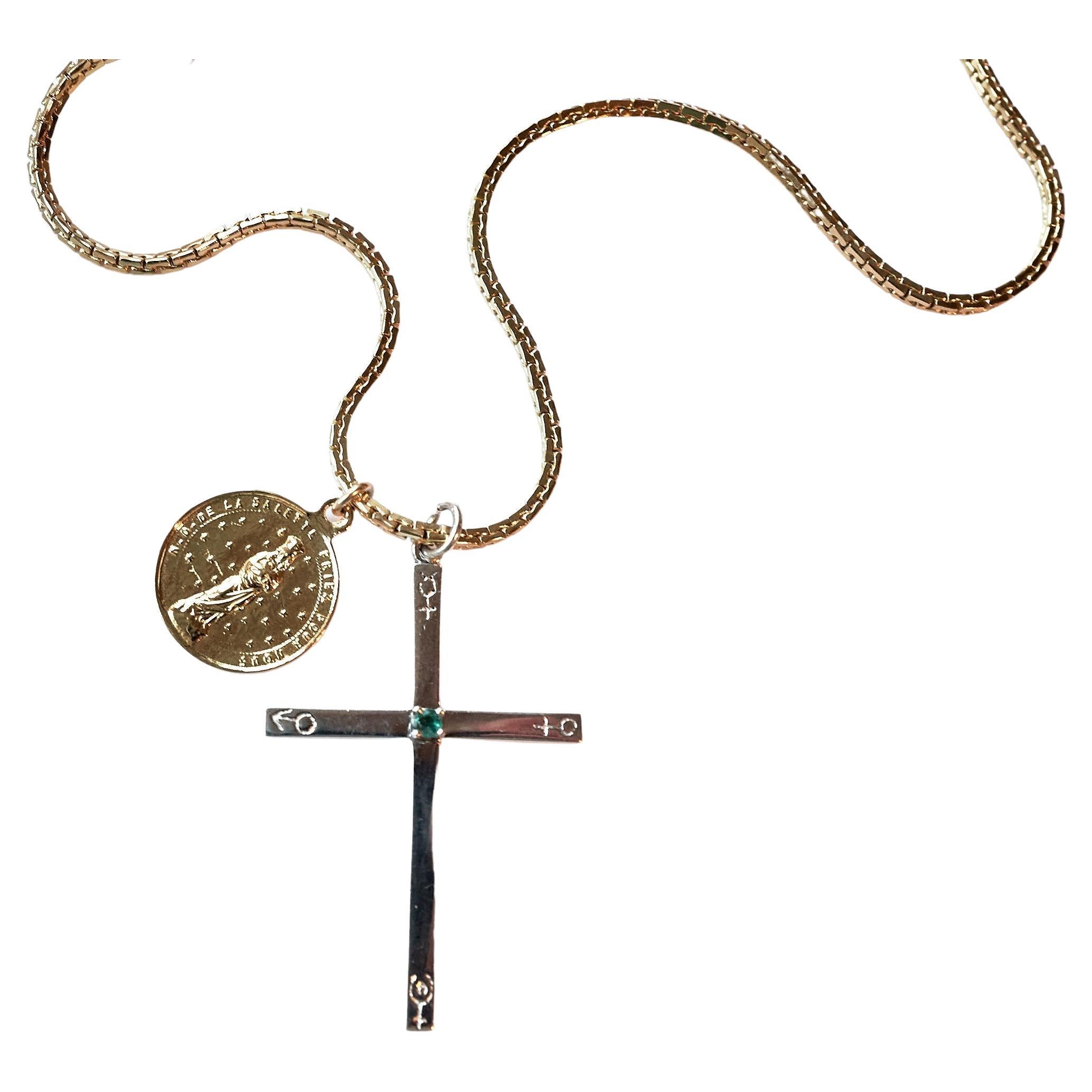 Smaragd Kreuz Silber Halskette Gold gepflanzt Französisch Saint Medaille J DAUPHIN 30