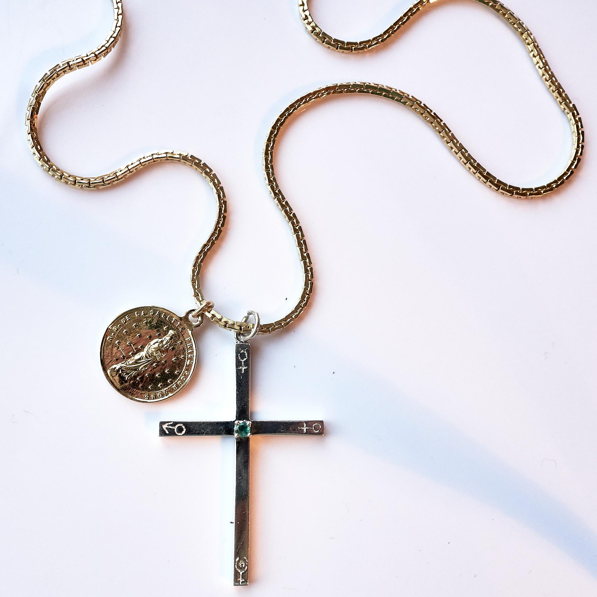 Contemporary Emerald Cross Astrology Silver Necklace Gold Planted French Saint Medal For Sale