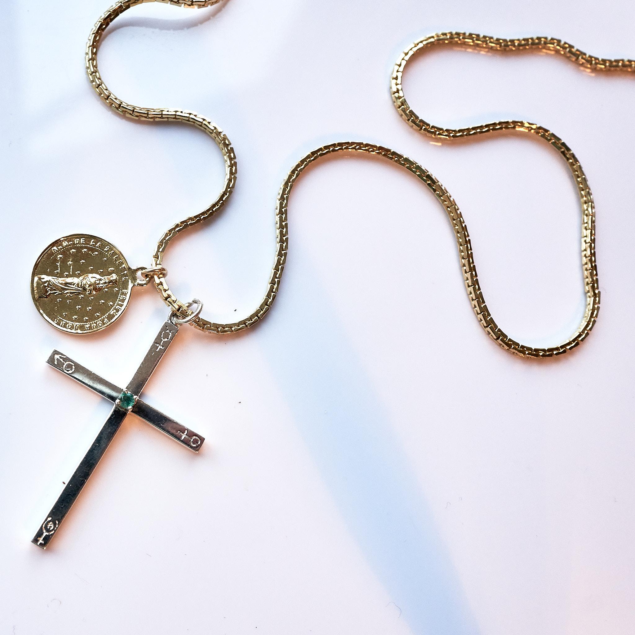 Brilliant Cut Emerald Cross Astrology Silver Necklace Gold Planted French Saint Medal For Sale