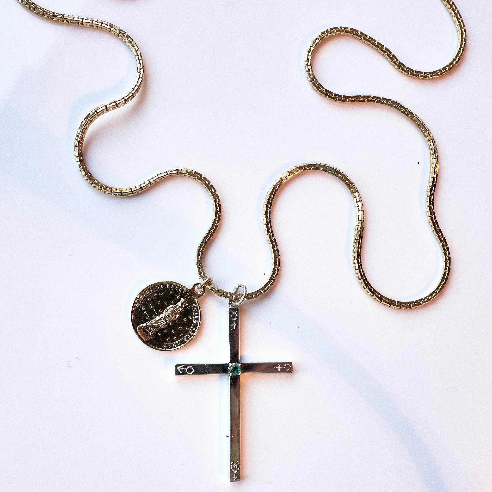 Emerald Cross Astrology Silver Necklace Gold Planted French Saint Medal In New Condition For Sale In Los Angeles, CA