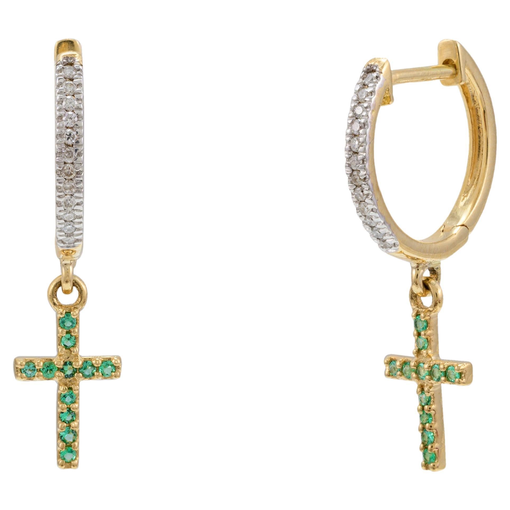 Natural Emerald Cross Dangle Charm Hoops 18k Yellow Gold Unisex Gifts