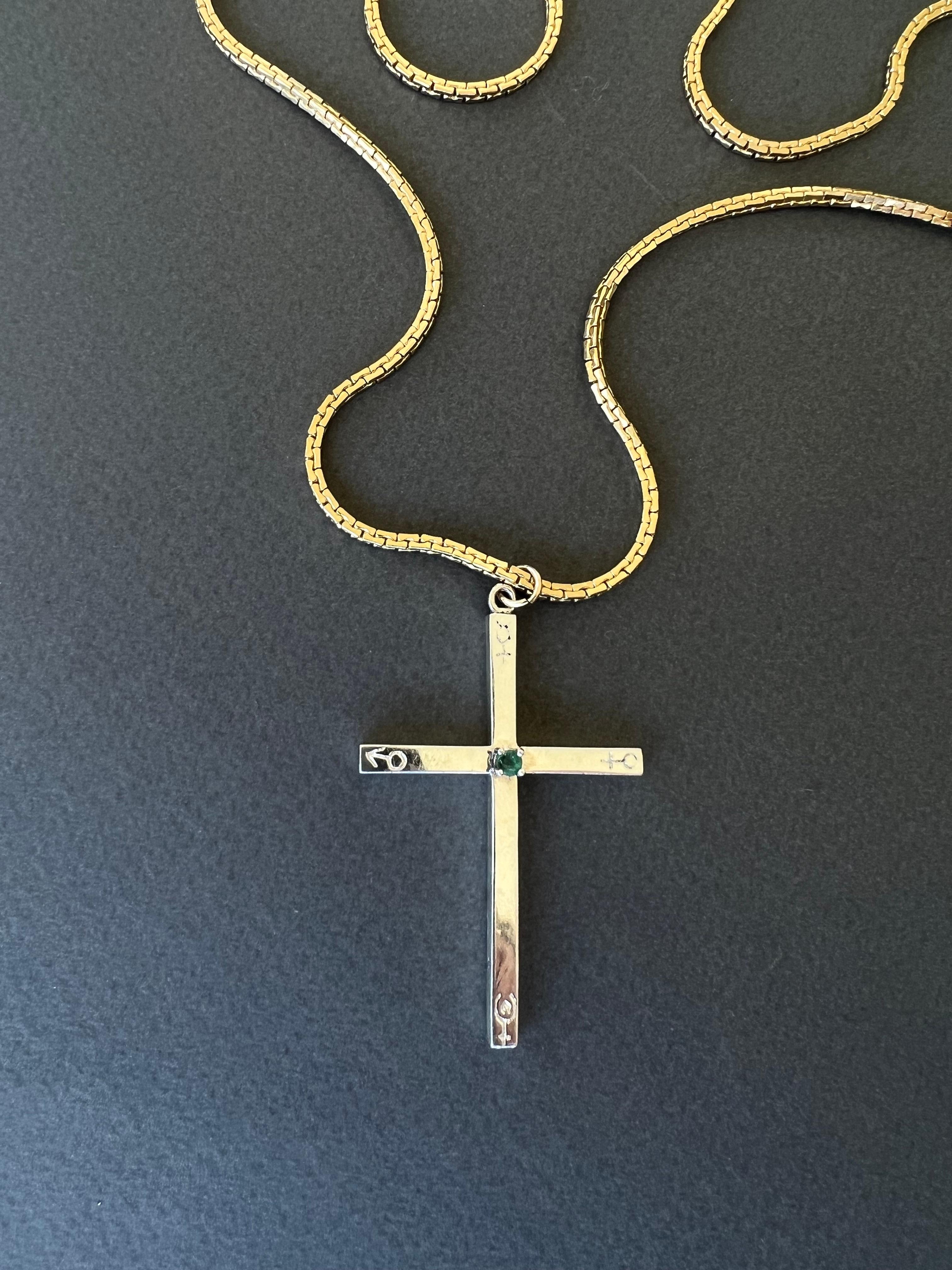 Contemporary Emerald Cross Necklace Engraved Astrology Symbols Spiritual Balance Healing For Sale
