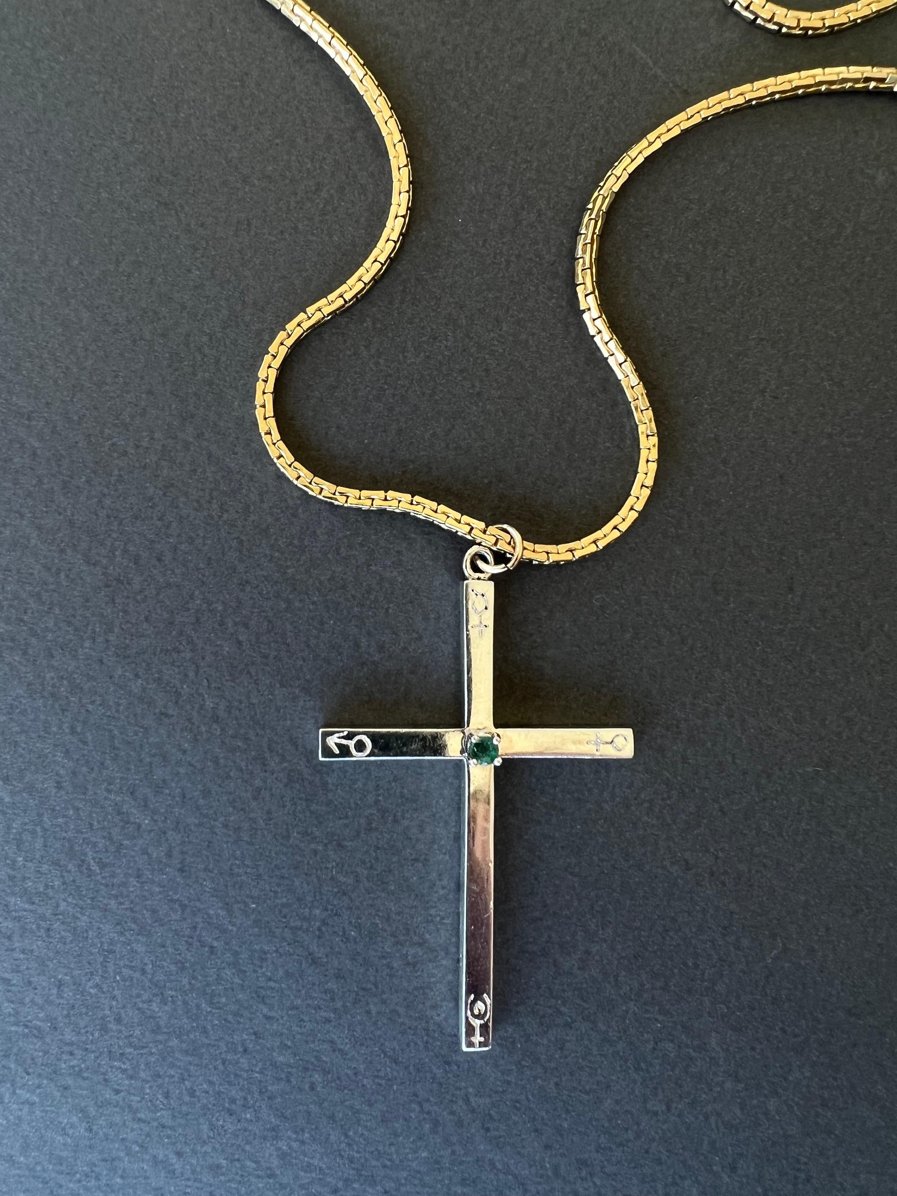 Brilliant Cut Emerald Cross Necklace Engraved Astrology Symbols Spiritual Balance Healing For Sale