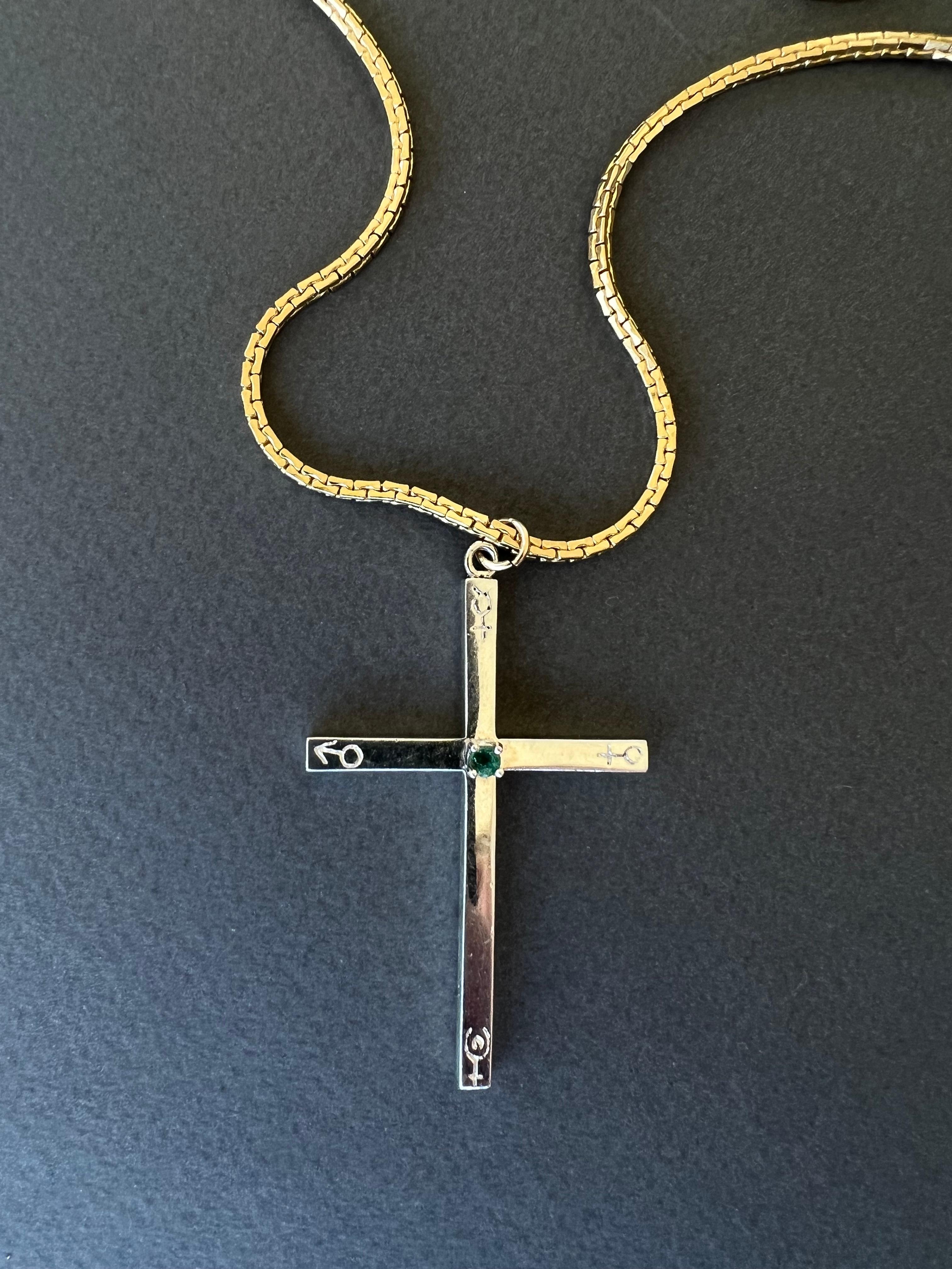 Emerald Cross Necklace Engraved Astrology Symbols Spiritual Balance Healing In New Condition For Sale In Los Angeles, CA