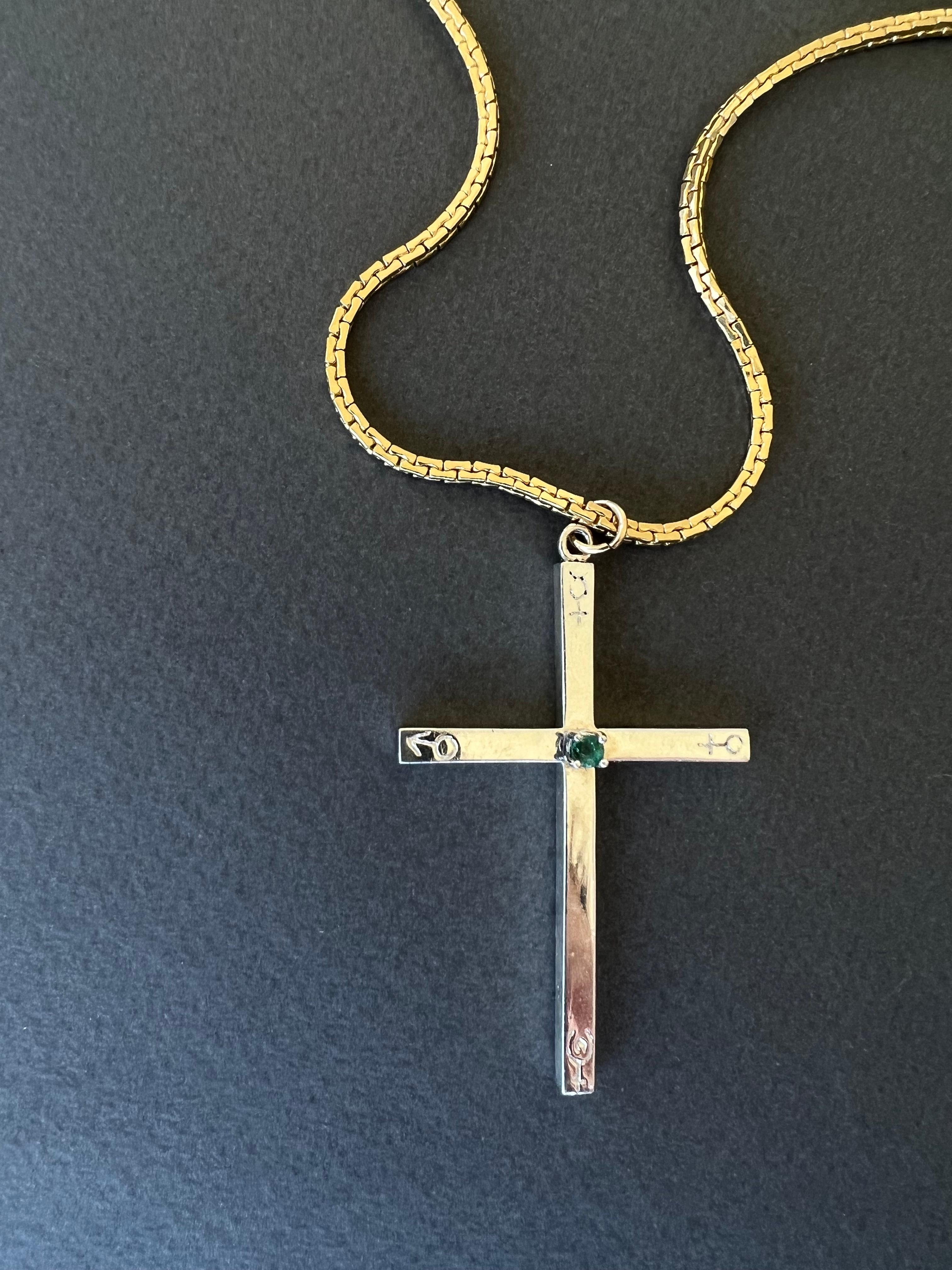 Women's or Men's Emerald Cross Necklace Engraved Astrology Symbols Spiritual Balance Healing For Sale