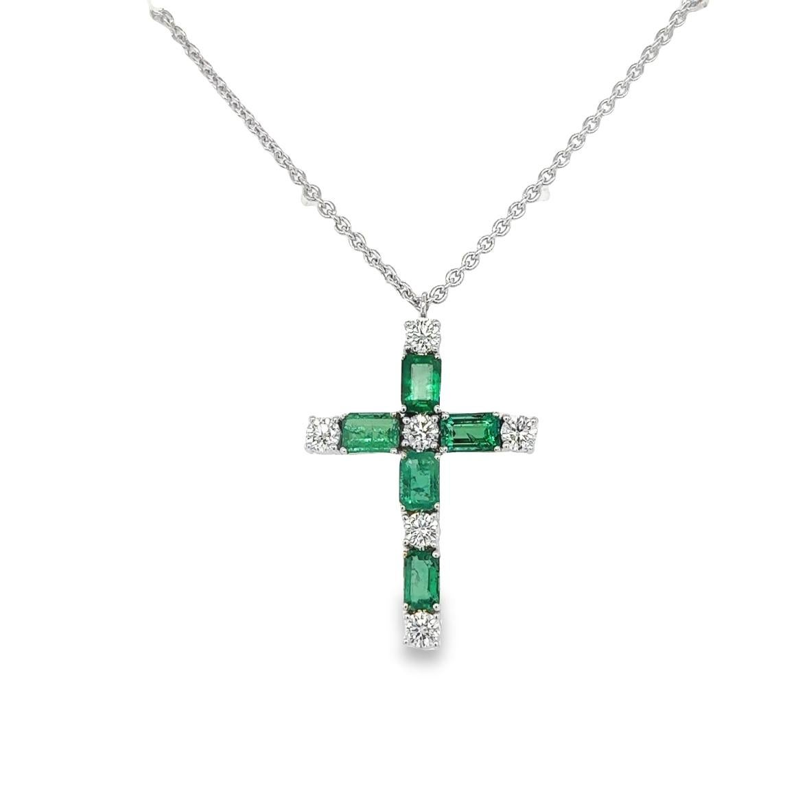 Emerald Cut Emerald Cross pendant necklace For Sale