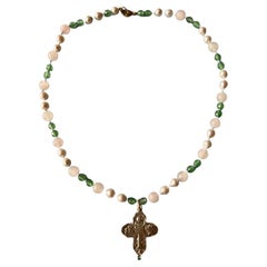 Croce di smeraldo, perla bianca, quarzo rosa, collana Chrysophrase, girocollo