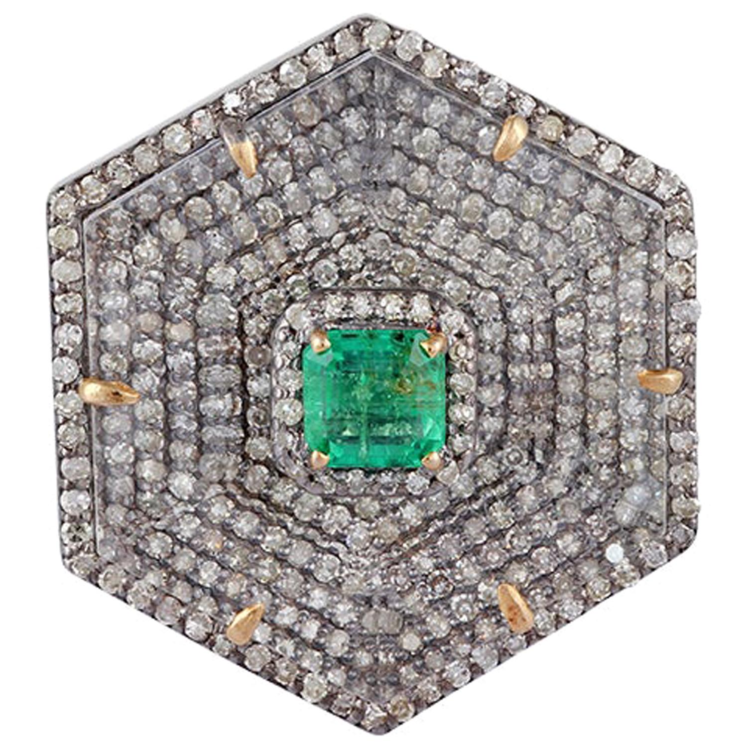 Emerald, Crystal and Diamond Ring in Victorian Style For Sale