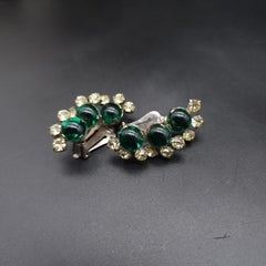 Emerald Crystal Cabochon Clip On Earrings, Clear Crystal Accents, Silver Tone