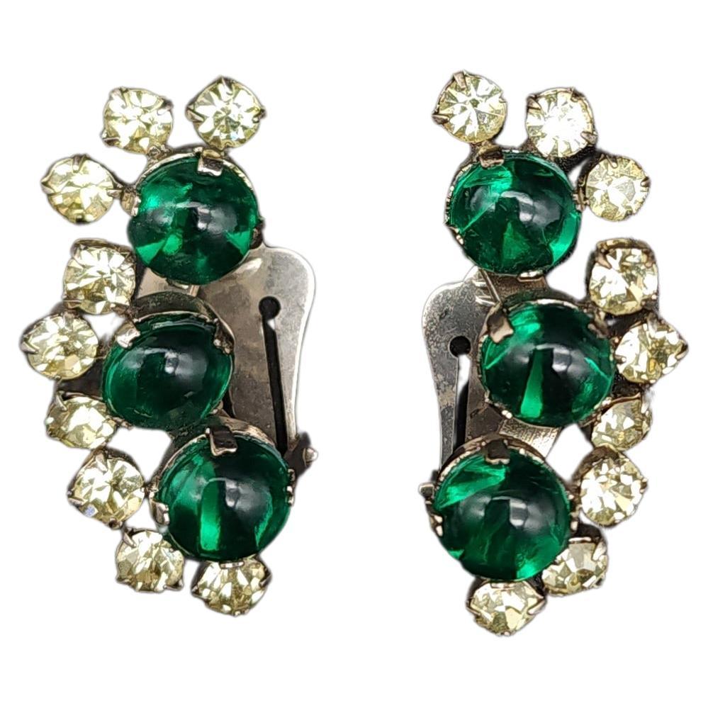 Emerald Crystal Cabochon Clip On Earrings, Clear Crystal Accents, Silver Tone