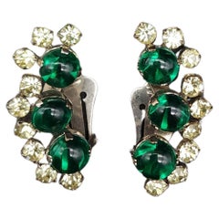Emerald Crystal Cabochon Clip On Earrings, Clear Crystal Accents, Silver Tone