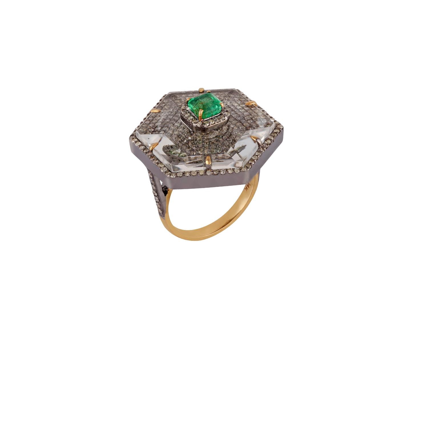 Octagon Cut Emerald, Crystal and Diamond Ring in Victorian Style For Sale