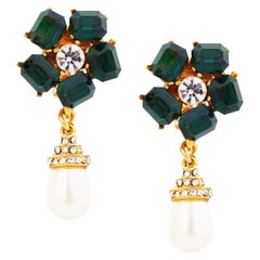 Emerald Crystal Flower Earrings With Pearl Drop By Prince Kamy-Yar, 1980s