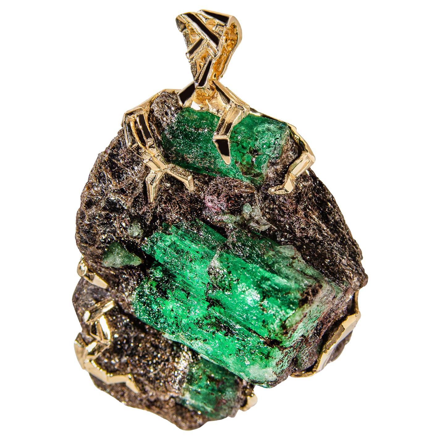 Emerald Crystal Gold Pendant Big Green Beryl 14 Karat Gold Necklace Christmas