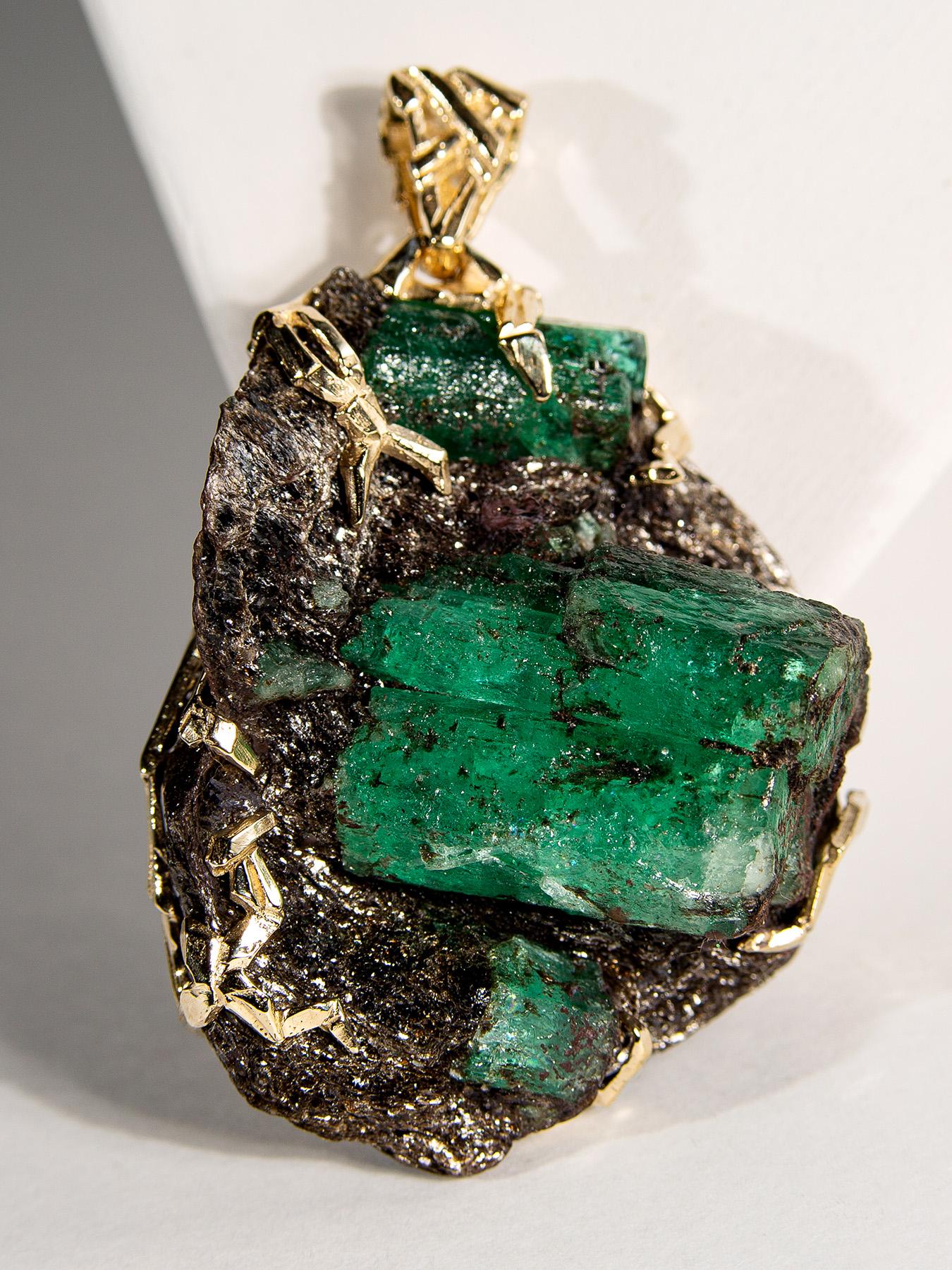 Artisan Emerald Crystal Gold Pendant Big Green Beryl 14 Karat Gold Necklace Christmas