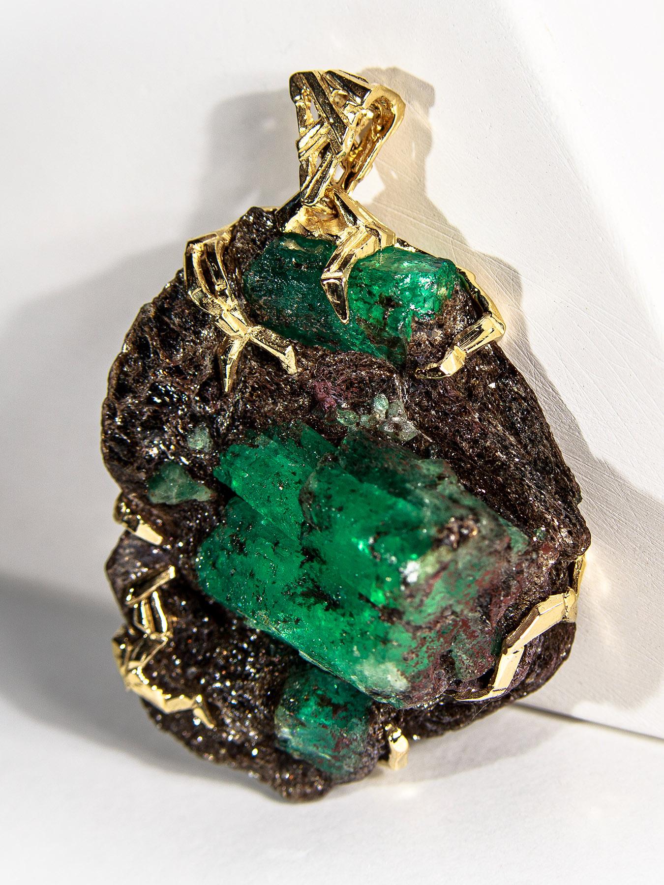 Uncut Emerald Crystal Gold Pendant Big Green Beryl 14 Karat Gold Necklace Christmas