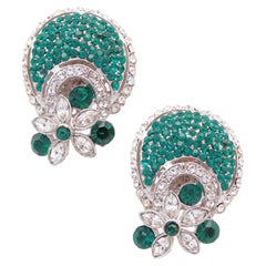 Emerald Crystal Pavé Floral Statement Earrings By Carlo Zini, 1980s