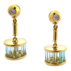 Used Emerald Crystal Tubes 5.08 Carat total, Round Diamonds In 18 Karat Gold Earrings