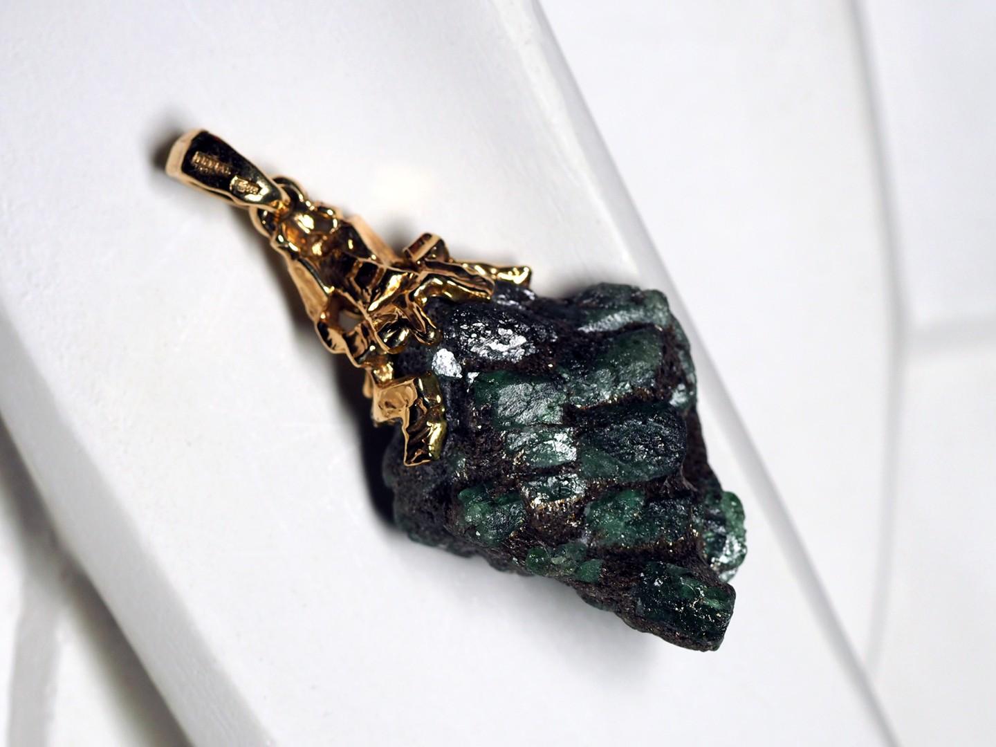 Artisan Emerald Crystals Gold Pendant Natural Raw Green Stone For Sale