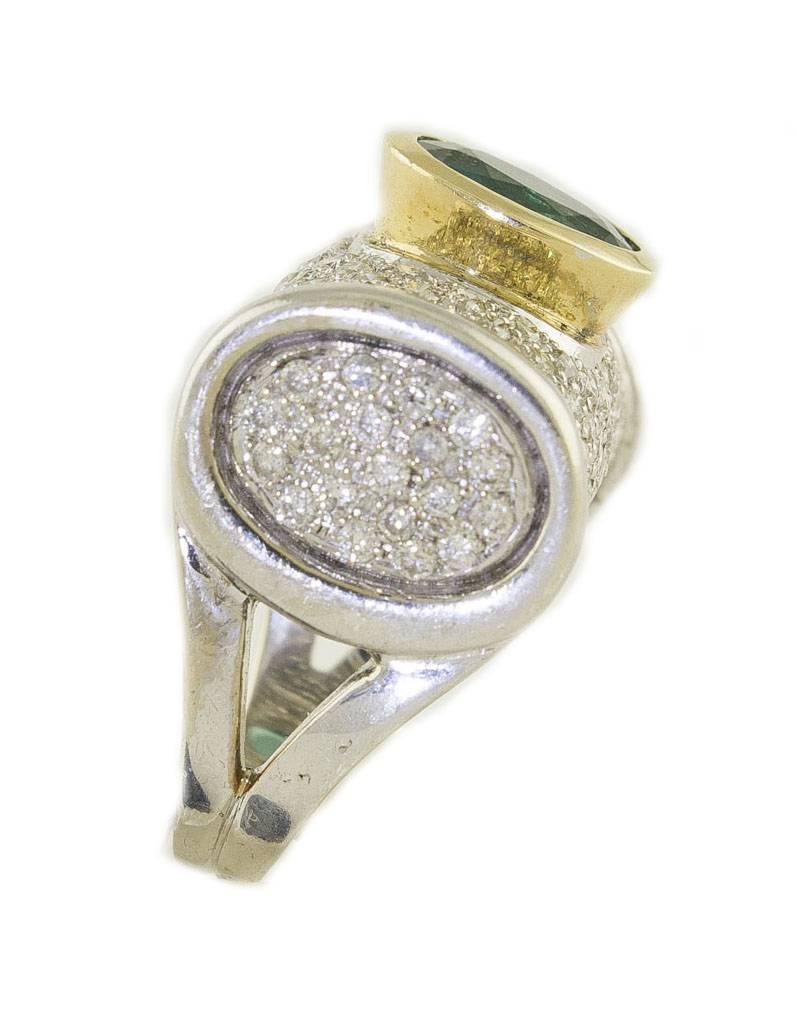 Retro Emerald Diamonds White and Yellow Gold Cocktail Ring For Sale