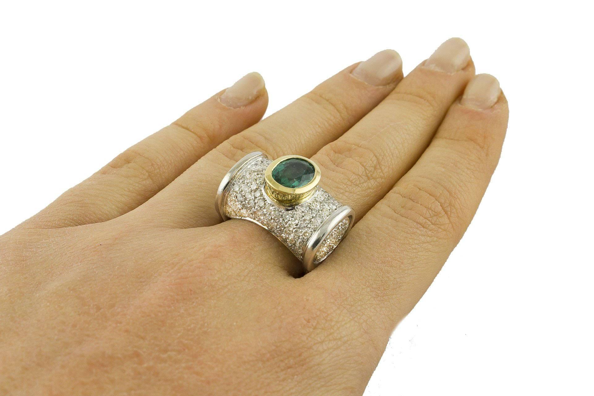 Emerald Diamonds White and Yellow Gold Cocktail Ring For Sale 1