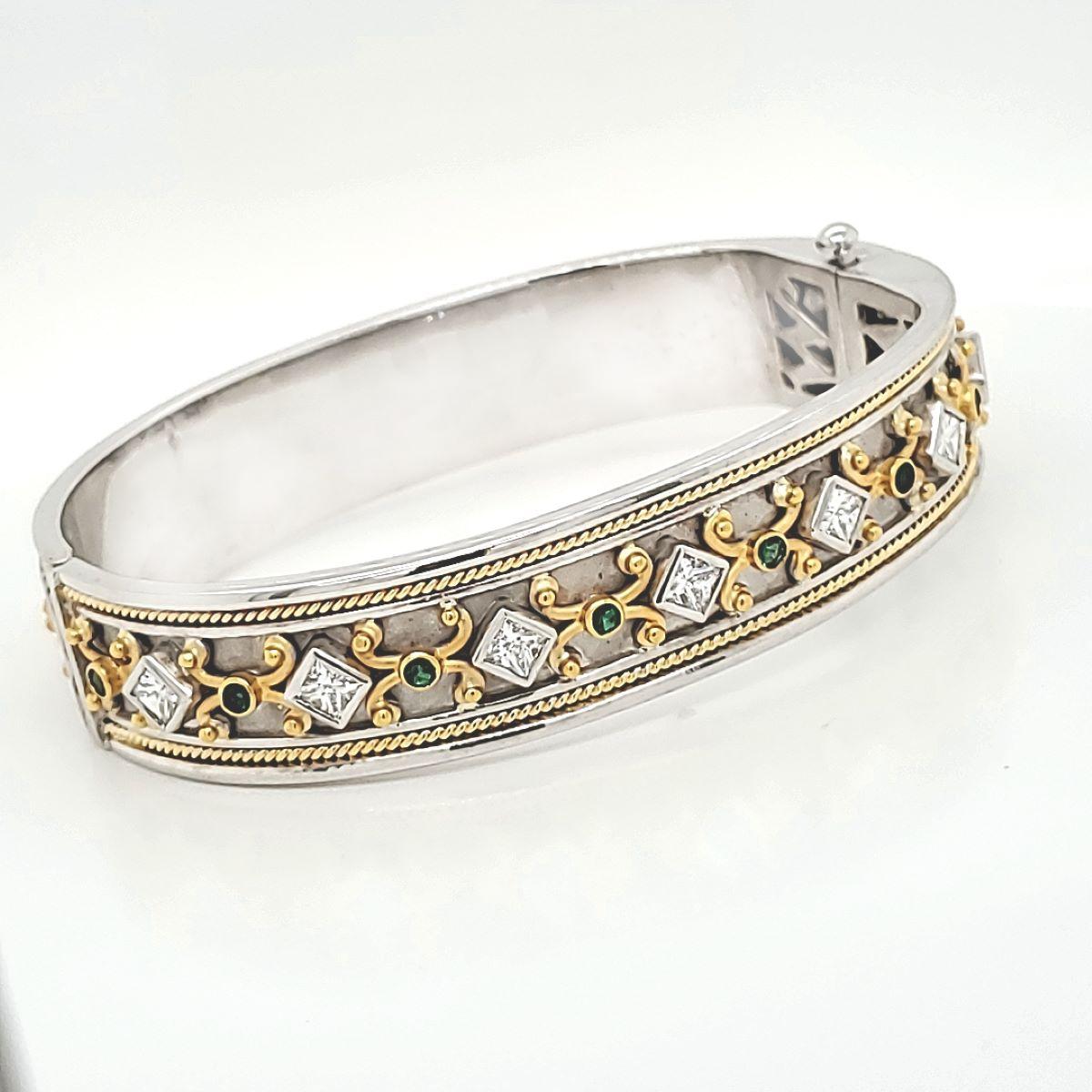 Modern Emerald Cts 0.32 and Princess Cut Cts 1.15 Diamond Bangle Bracelet For Sale