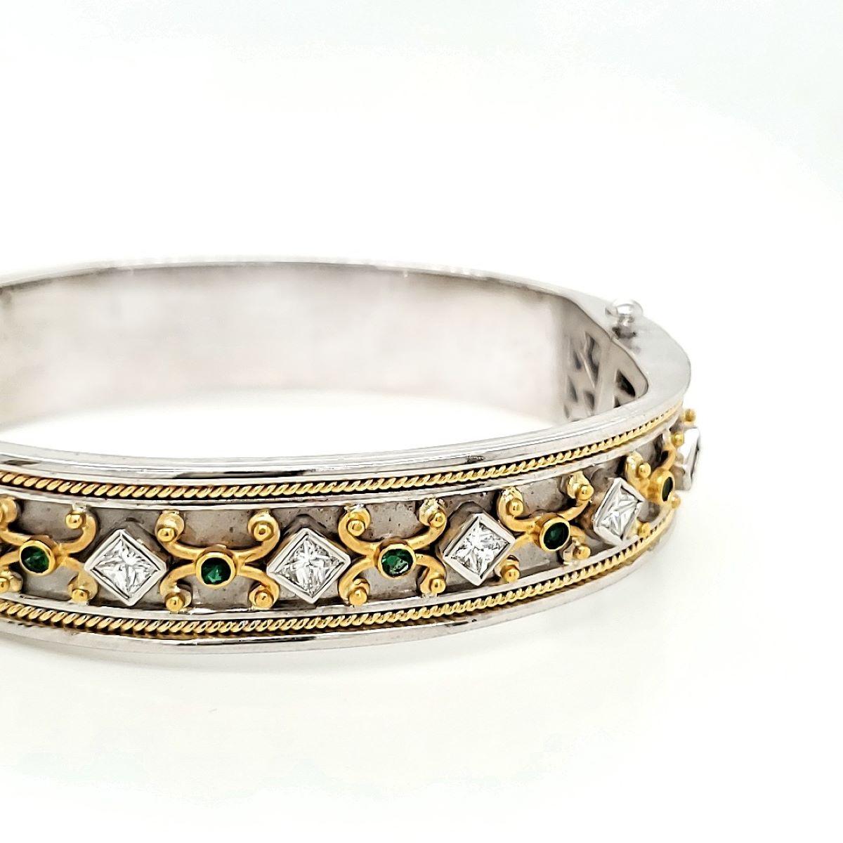 Emerald Cts 0.32 and Princess Cut Cts 1.15 Diamond Bangle Bracelet For Sale 1