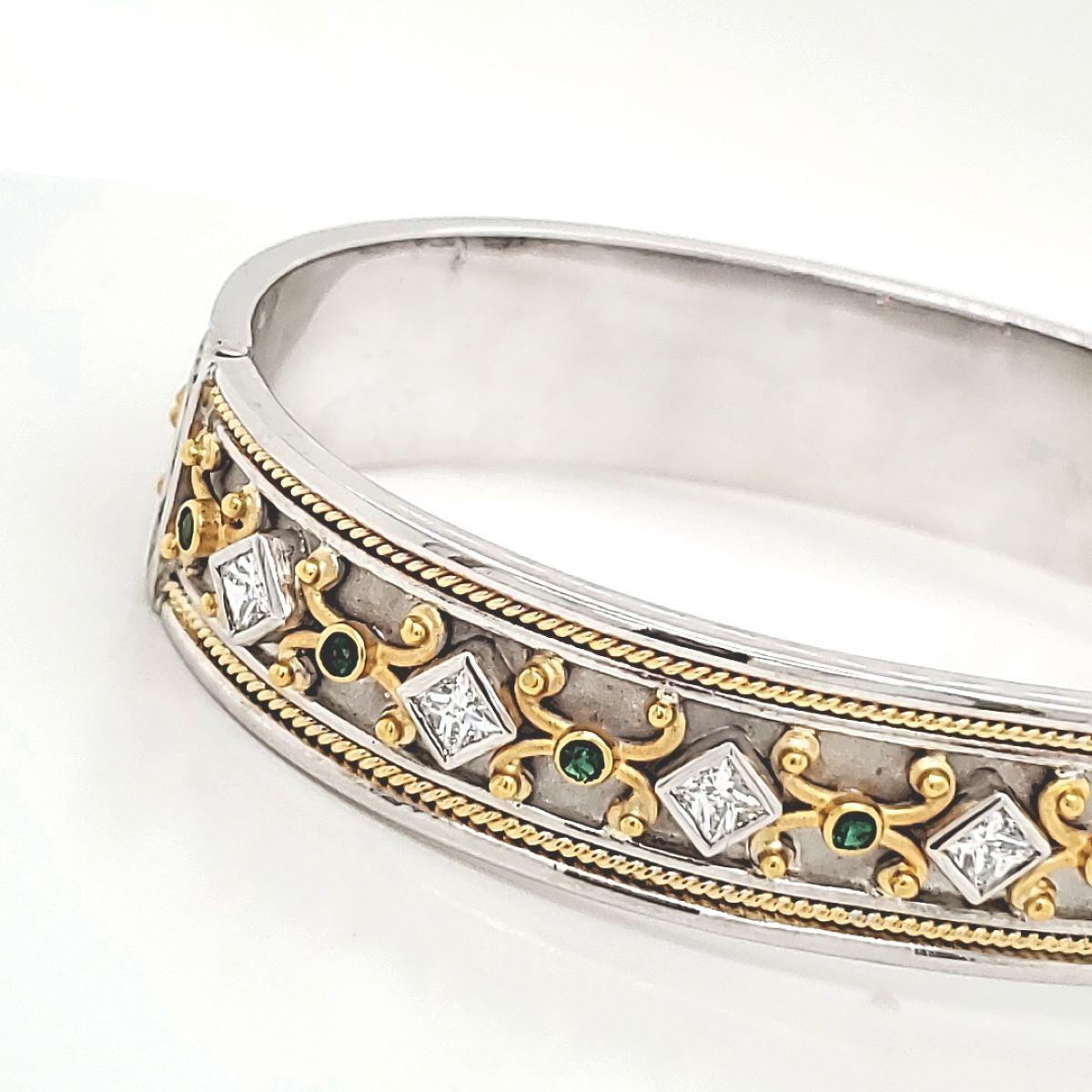 Emerald Cts 0.32 and Princess Cut Cts 1.15 Diamond Bangle Bracelet For Sale 2