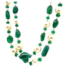 Emerald Cts 188.95 and South Sea Pearl Beaded Necklace with 18k White Gold Clasp