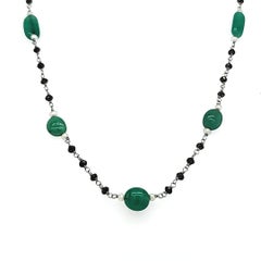 Emerald Cts 29.82 and Black Diamond Cts 9.86 Beads Necklace with Pearls