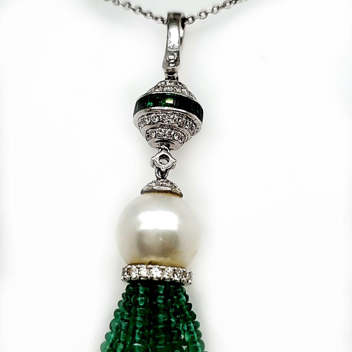 Contemporary Emerald Cts 62.84 and Pearl Cts 1.94 Tassel Necklace set in 18k White Gold For Sale