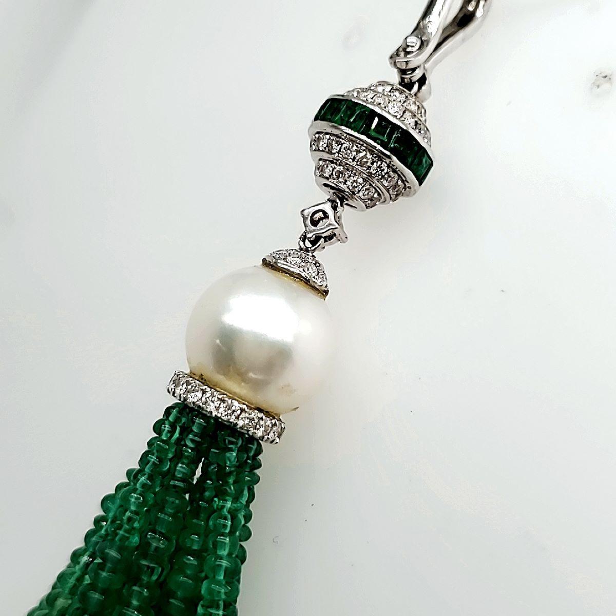 Emerald Cts 62.84 and Pearl Cts 1.94 Tassel Necklace set in 18k White Gold In New Condition For Sale In Hong Kong, HK